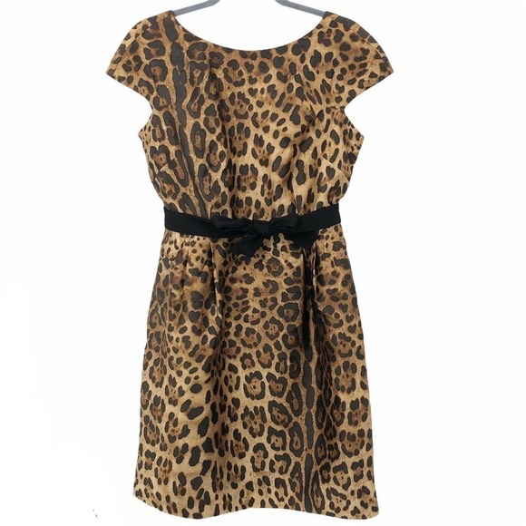 Per Se Women’s Sheath Dress Size 8 Silk Leopard Print Belted Cap Sleeve Pleated - Picture 1 of 12